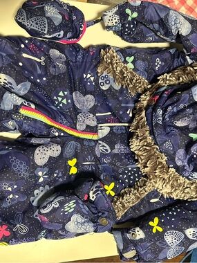 Snowsuit in Navy Blue with Floral Print with gloves + 100cm Pink coat with bunny